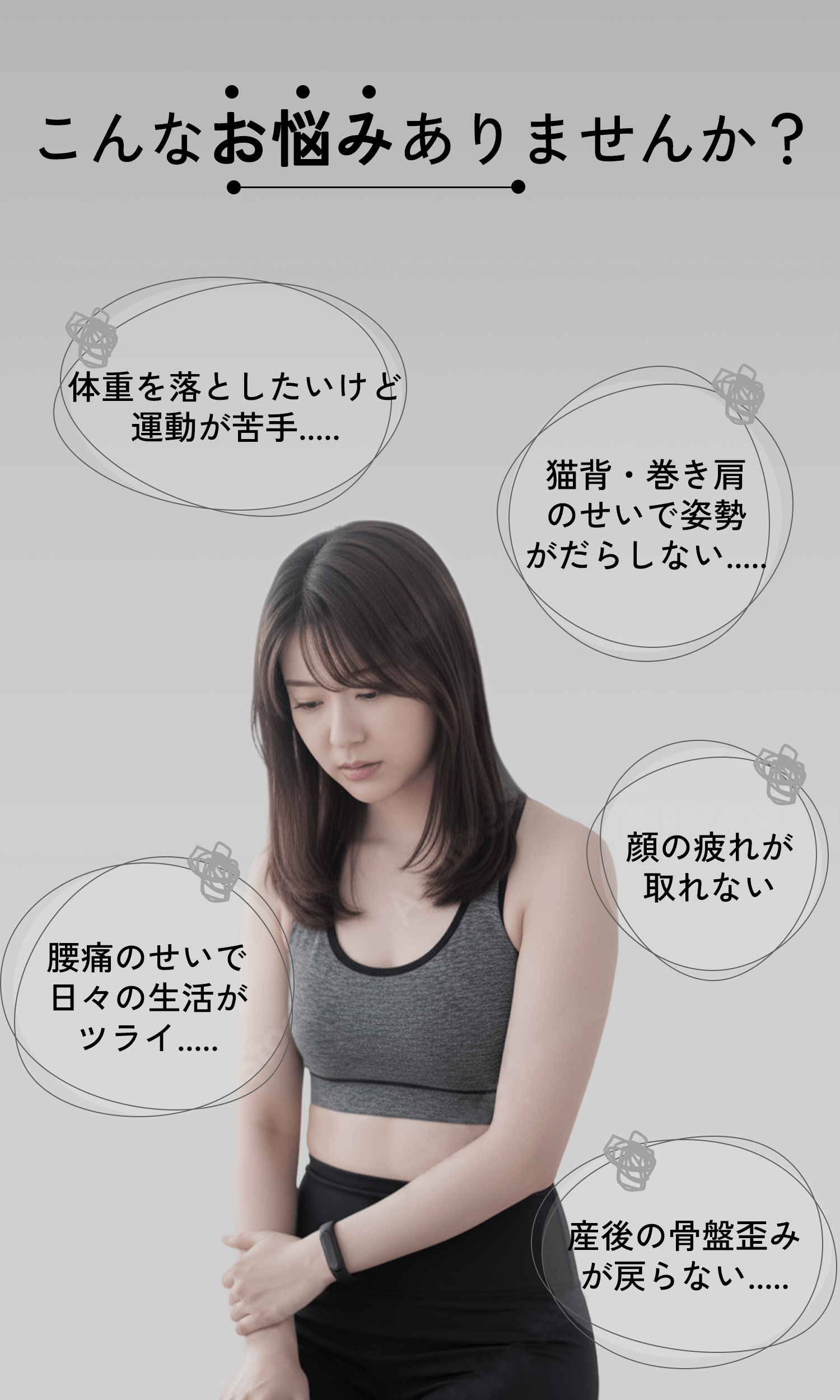 女性が下を向いて落ち込んでいて5つ悩みが記載されているこんな悩みありませんか？の訴求の画像